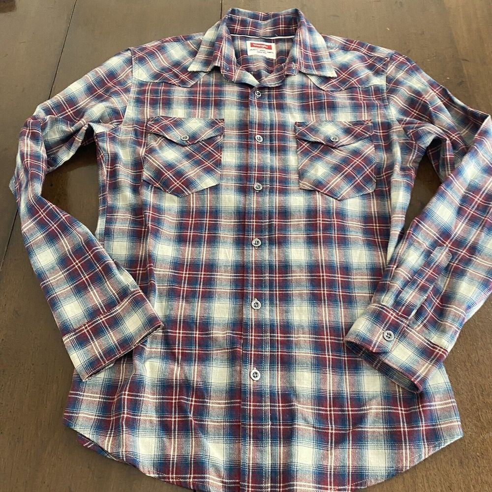 Wrangler Plaid Wester Shirt Size Small Red & Blue Button Down Long Sleeve